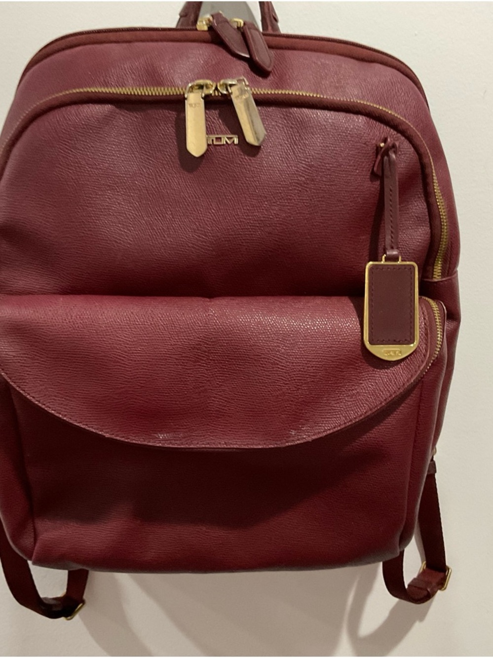 Tumi Sinclair Harlow Leather Backpack in Deep Wine with Gold Hardware